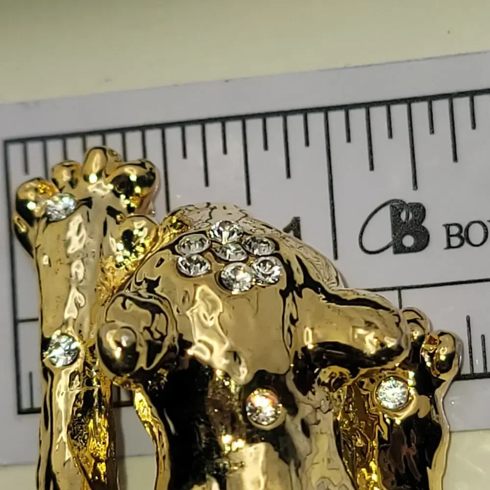 Vintage Gold-Tone Panther Brooch Green Rhinestone Eyes & Clear Rhinestones